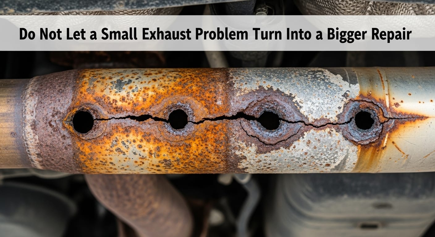 Do Not Let a Small Exhaust Problem Turn Into a Bigger Repair Recommended size 800×600 px Image Prompt Realistic photo of a rusted and damaged exhaust pipe with visible holes or corrosion, close-up detail, natural lighting, gritty texture, emphasizes progression of damage over time