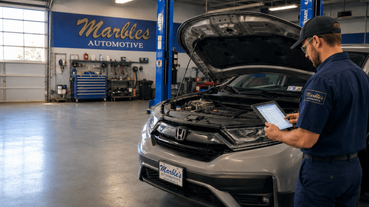 Mechanic performing New York State vehicle inspection at an auto repair shop in Penn Yan NY