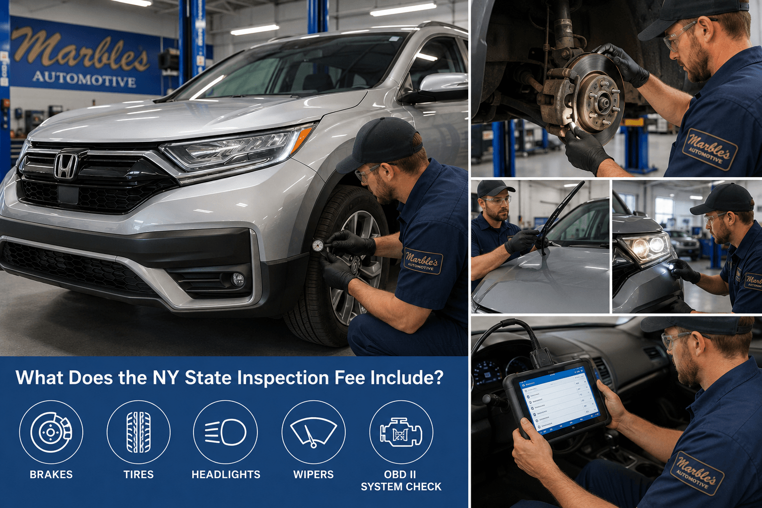 Mechanic checking brakes tires lights and vehicle safety systems during a New York State inspection
