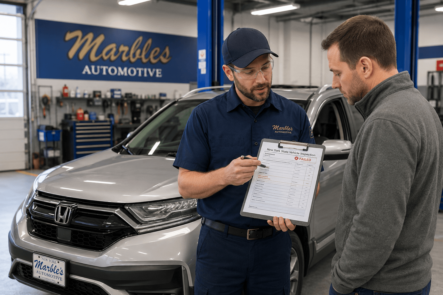 Mechanic explaining failed vehicle inspection results to customer at repair shop in New York