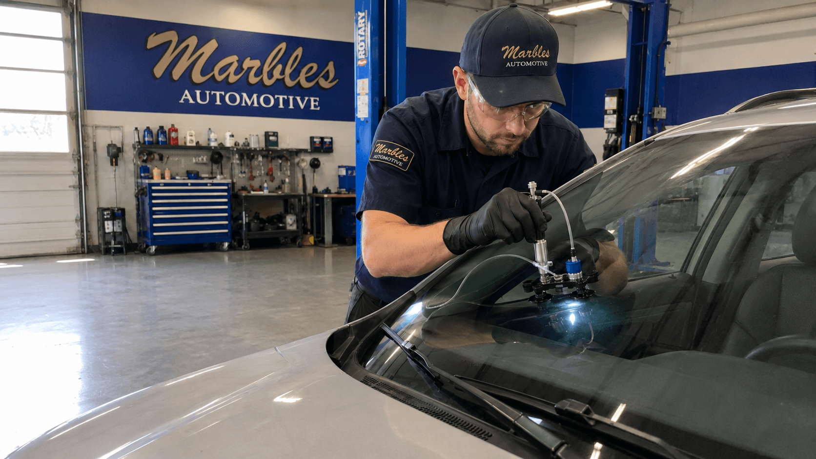 Technician repairing a windshield rock chip at an auto glass shop in Penn Yan NY